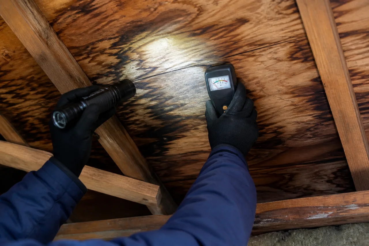 Trabajador usando un medidor de humedad sobre una mancha oscura en madera del entretecho