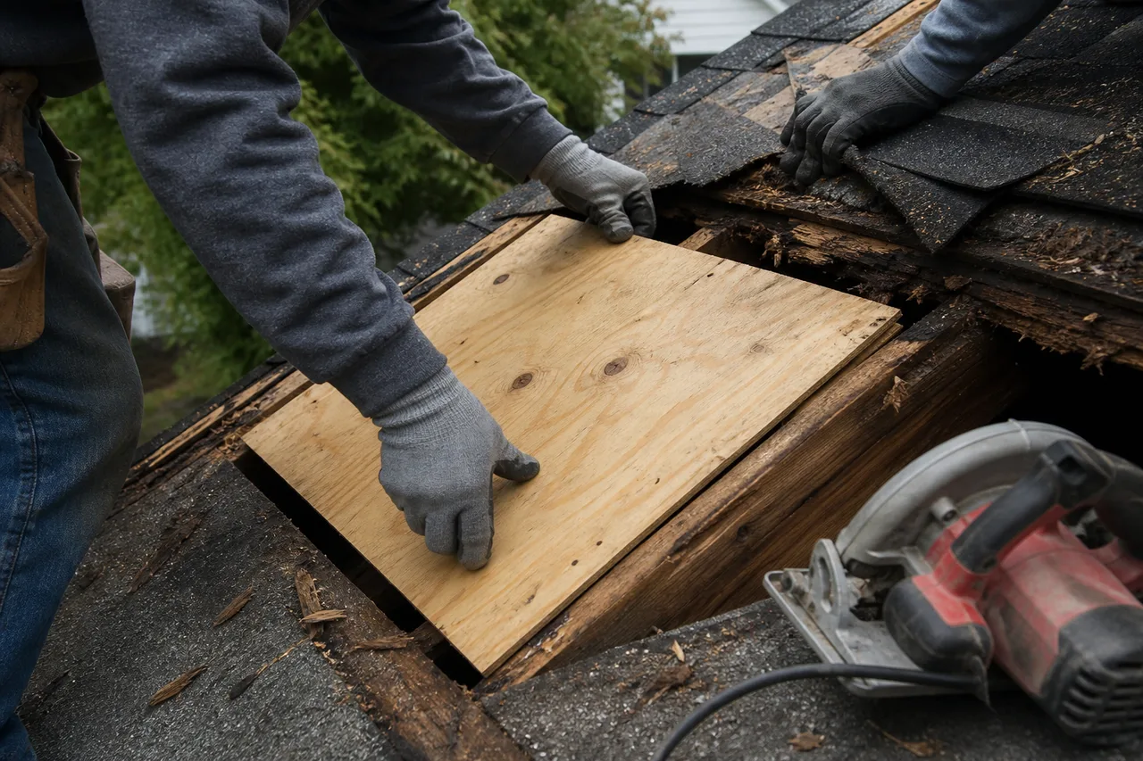 Trabajador encajando una plancha de madera nueva en un techo con entablonado podrido